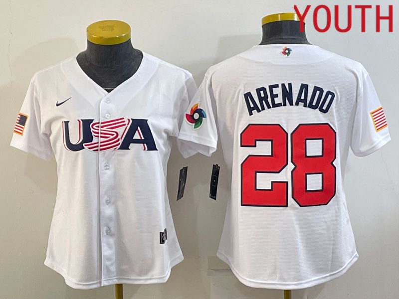 Youth 2023 World Cub USA 28 Arenado White MLB Jersey8